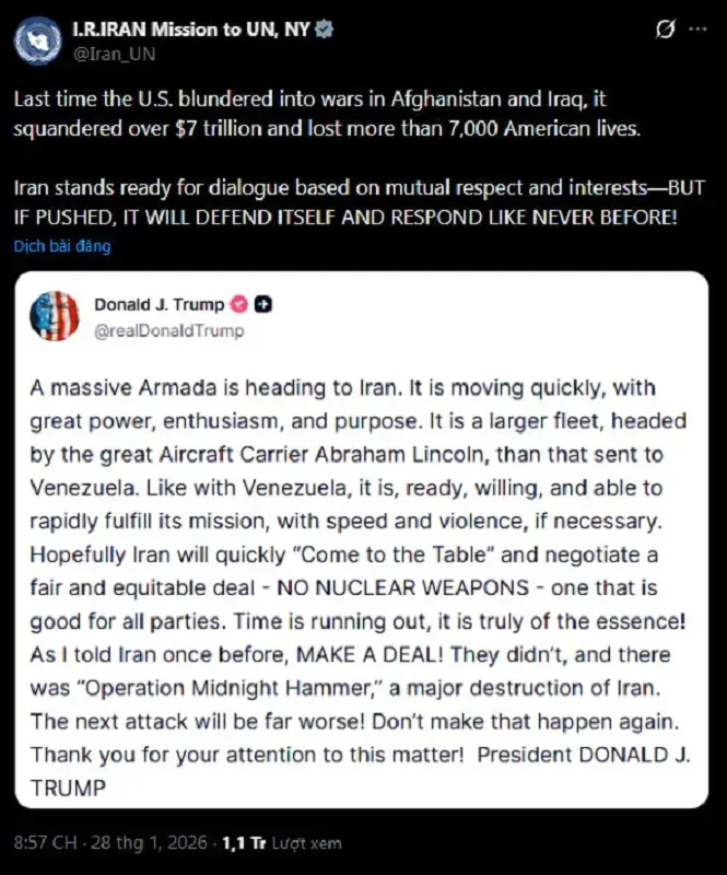 Trump dọa tấn c&ocirc;ng Iran quyết liệt hơn nếu kh&ocirc;ng đạt thỏa thuận hạt nh&acirc;n