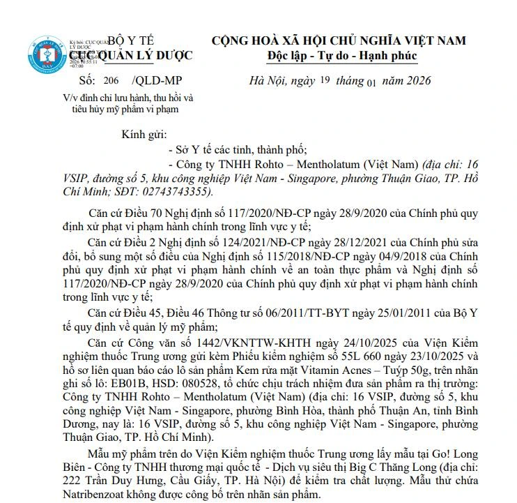 Việt Nam thu hồi tr&ecirc;n to&agrave;n quốc kem rửa mặt Vitamin Acnes