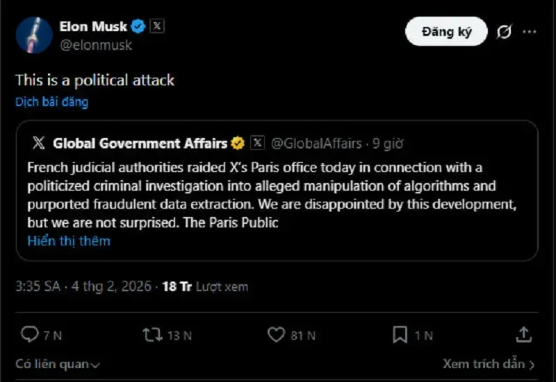 C&ocirc;ng tố vi&ecirc;n Paris triệu tập Elon Musk sau khi kh&aacute;m x&eacute;t văn ph&ograve;ng &ldquo;X&rdquo;