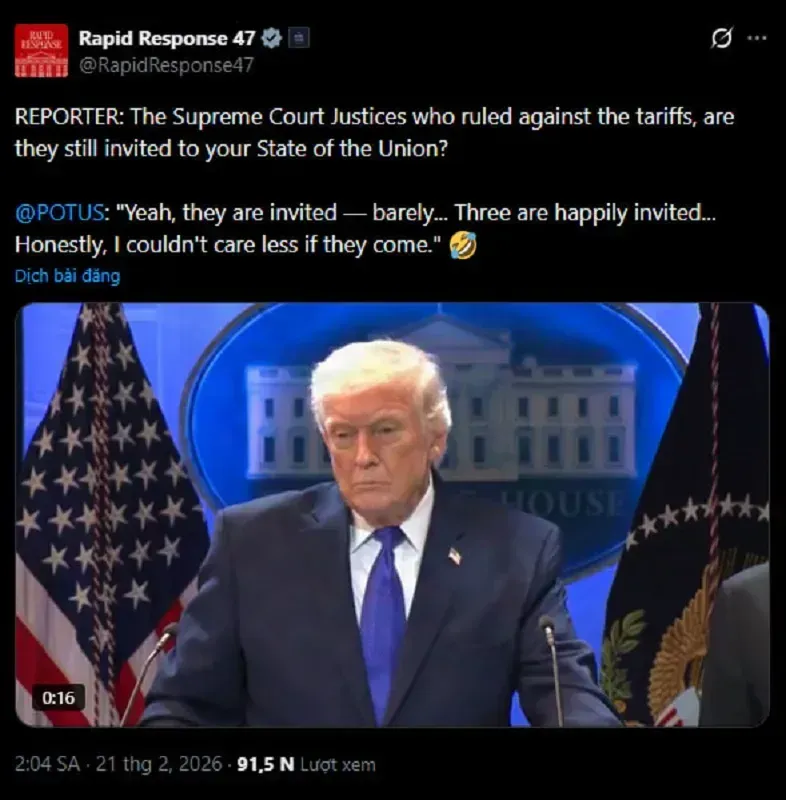 Trump &aacute;p thuế to&agrave;n cầu 10% sau khi SCOTUS v&ocirc; hiệu mức thuế cũ