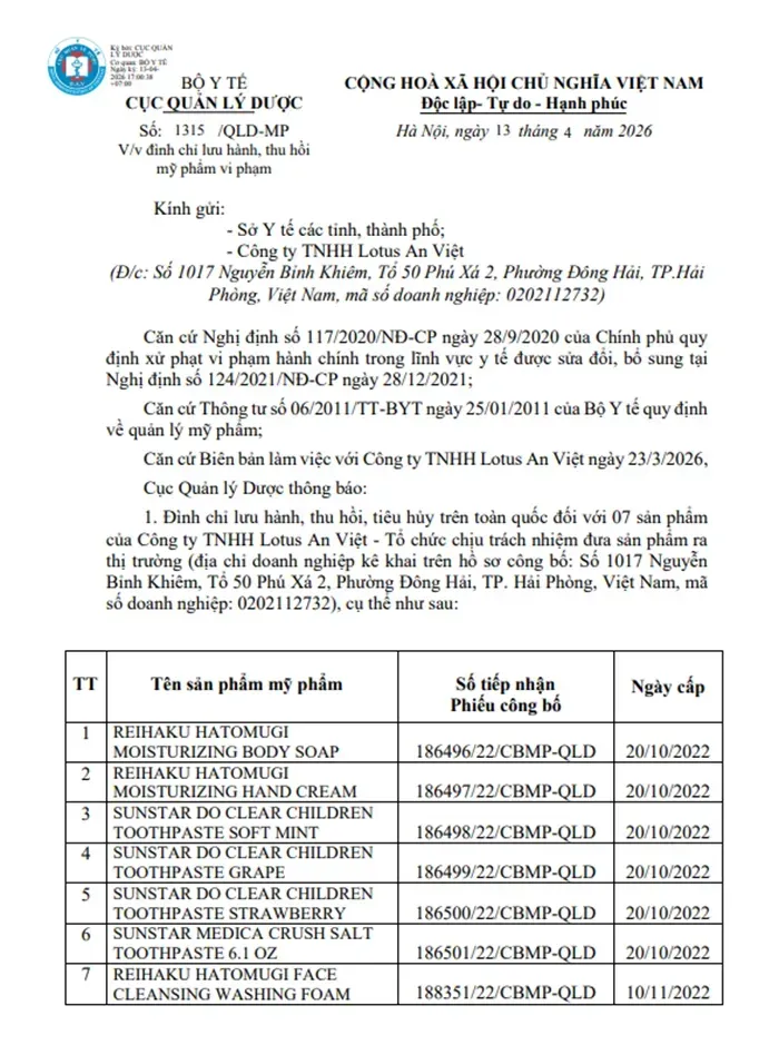 Bộ Y tế thu hồi loạt mỹ phẩm, kem đ&aacute;nh răng trẻ em
