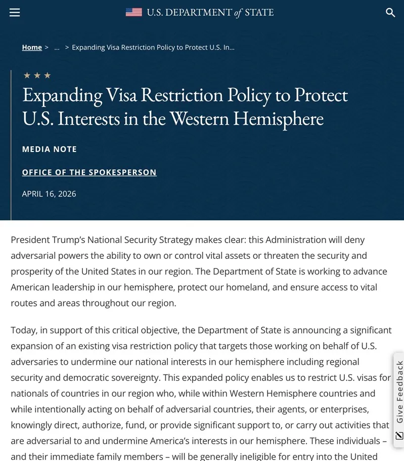 Hoa Kỳ mở rộng ch&iacute;nh s&aacute;ch hạn chế thị thực ở T&acirc;y B&aacute;n Cầu