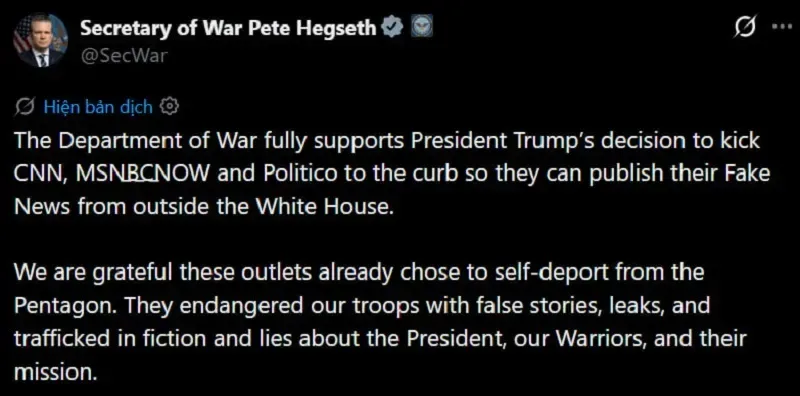 &Ocirc;ng Trump cấm CNN, Politico, MS NOW v&agrave;o Nh&agrave; Trắng v&igrave; đưa tin sai sự thật