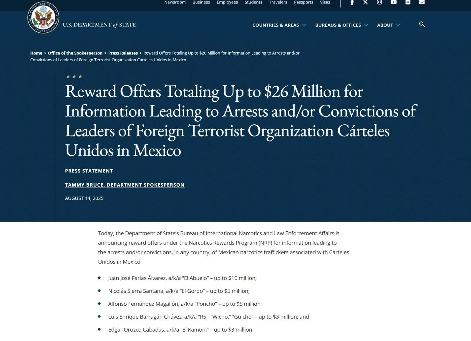 Hoa Kỳ: Treo thưởng 10 triệu USD để bắt “ông trùm” ma túy Mexico