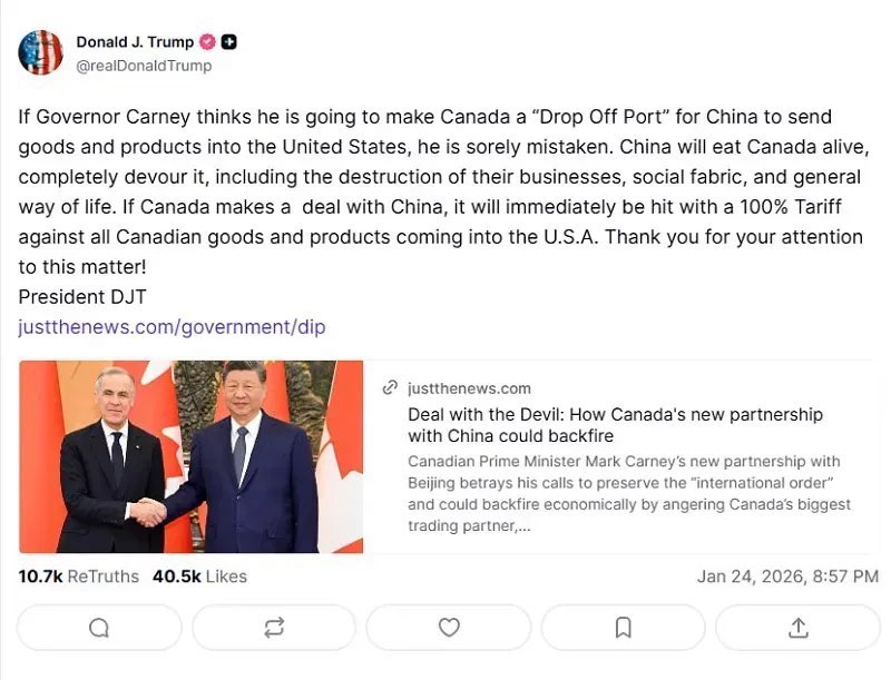 Trump cảnh b&aacute;o &aacute;p thuế 100% nếu Canada đạt thỏa thuận với Trung Quốc