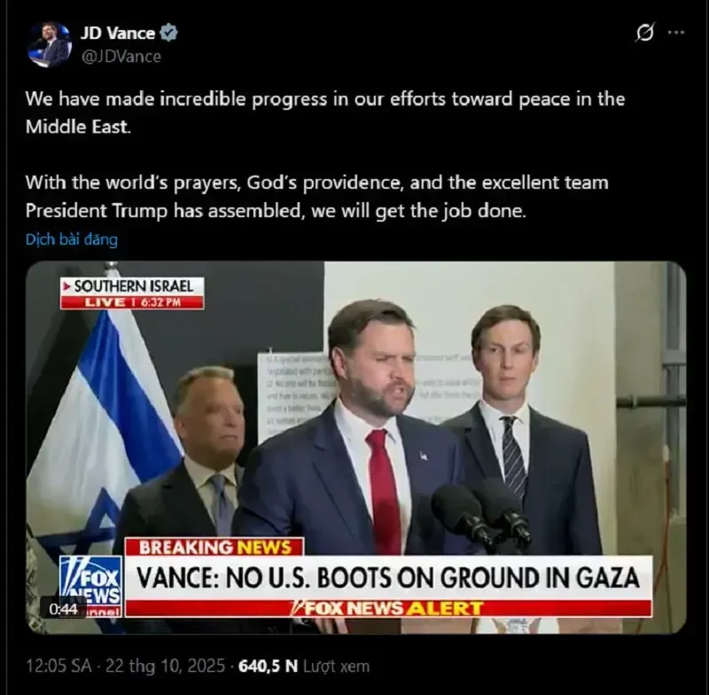 Ông JD Vance: Hoa Kỳ không chi phối quyết định của Israel về Gaza