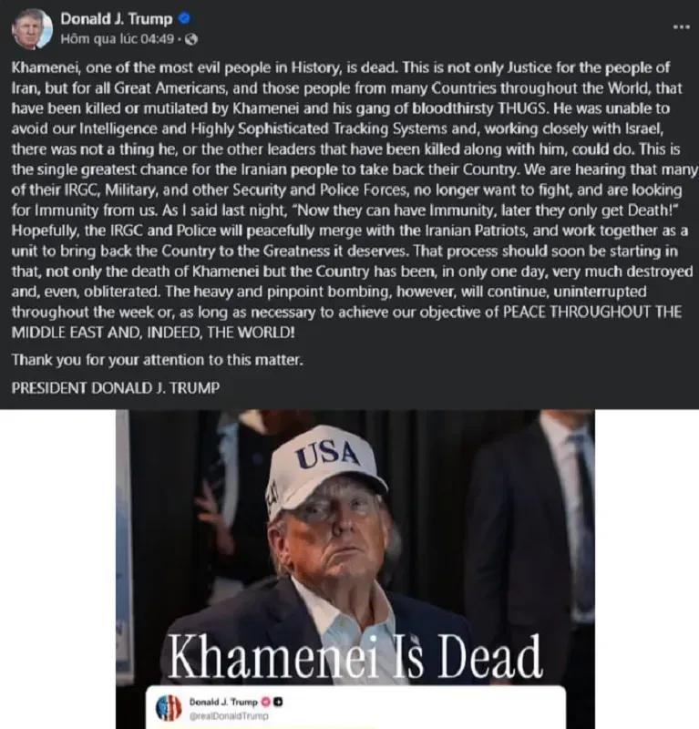 Iran c&ocirc;ng bố l&atilde;nh đạo tạm thời khi &ocirc;ng Ayatollah Ali Khamenei thiệt mạng