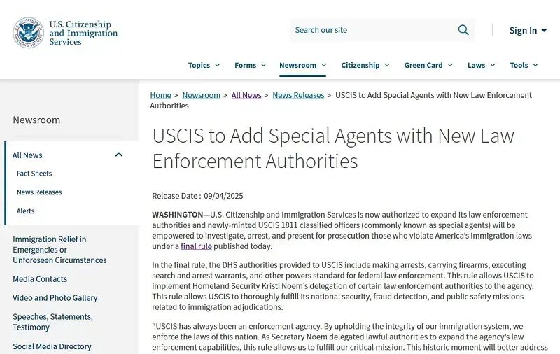 Lần đầu tiên trong lịch sử, USCIS được trao quyền thực thi pháp luật