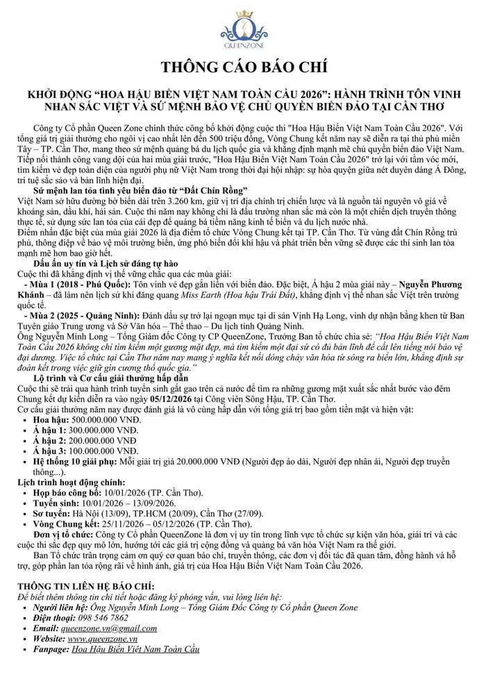 Cuộc thi Hoa hậu Biển Việt Nam To&agrave;n Cầu 2026 tổ chức tại TP. Cần Thơ