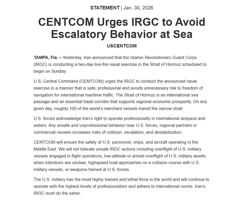 Hoa Kỳ cảnh b&aacute;o vụ Iran tập trận gần căn cứ qu&acirc;n sự ở Trung Đ&ocirc;ng