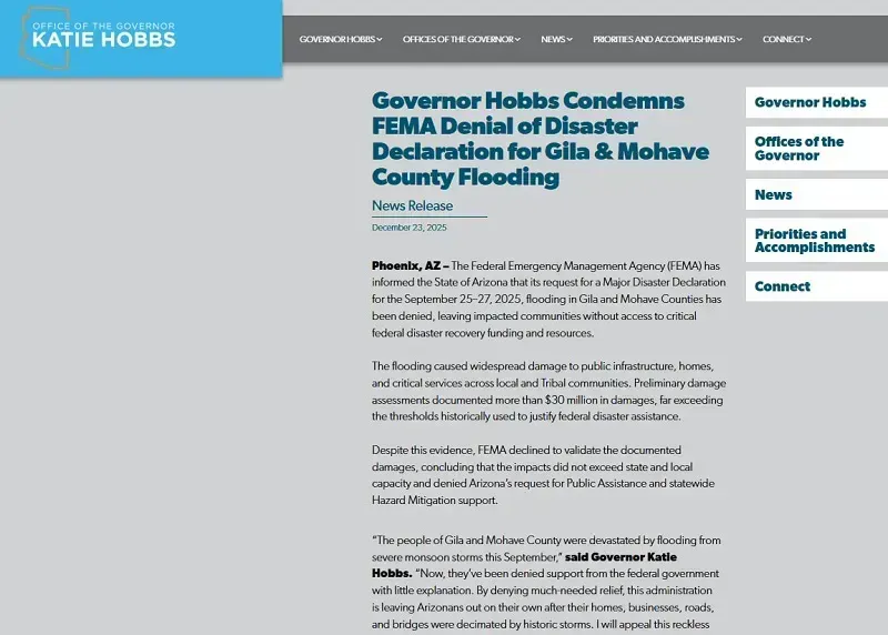 Bị từ chối viện trợ sau trận lũ lịch sử, tiểu bang Arizona kh&aacute;ng c&aacute;o