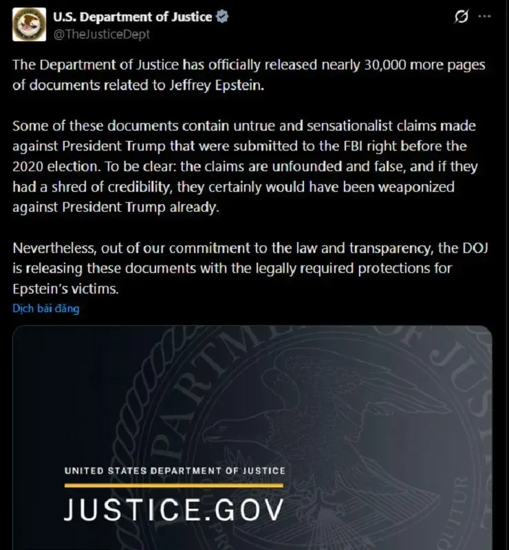 DOJ c&ocirc;ng bố th&ecirc;m hồ sơ về Epstein, nhiều t&agrave;i liệu nhắc đến Trump