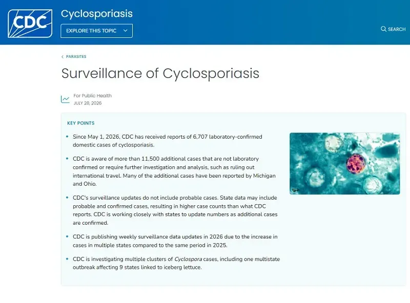 CDC ghi nhận hơn 18.000 ca nhiễm k&yacute; sinh tr&ugrave;ng Cyclospora tại 45 bang