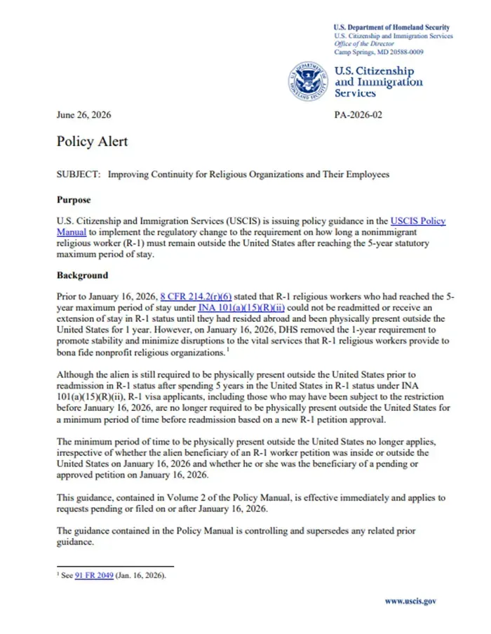 USCIS bỏ y&ecirc;u cầu rời Hoa Kỳ 1 năm với lao động t&ocirc;n gi&aacute;o diện R-1 