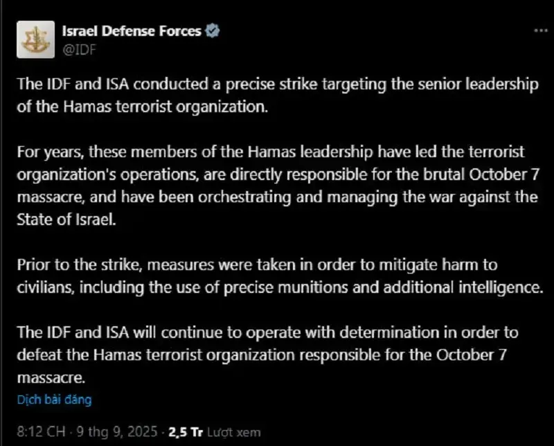 Israel tấn công Hamas ở Doha, Qatar phản ứng mạnh mẽ, Hoa Kỳ nói không liên quan