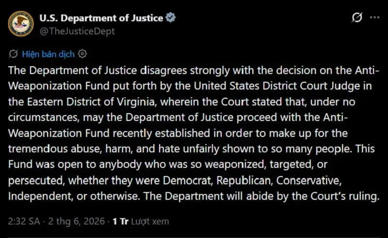 D&ugrave; DOJ dừng quỹ &ldquo;chống vũ kh&iacute; h&oacute;a&rdquo;, Trump vẫn được miễn điều tra thuế