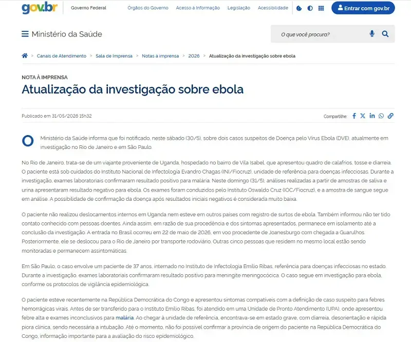Brazil điều tra hai ca nghi nhiễm Ebola, bệnh nh&acirc;n được ph&aacute;t hiện mắc bệnh kh&aacute;c