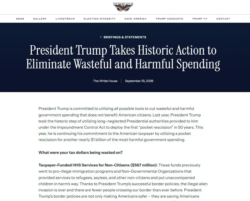 &Ocirc;ng Trump hủy gần 1 tỷ USD ng&acirc;n s&aacute;ch đ&atilde; được Quốc hội ph&ecirc; duyệt