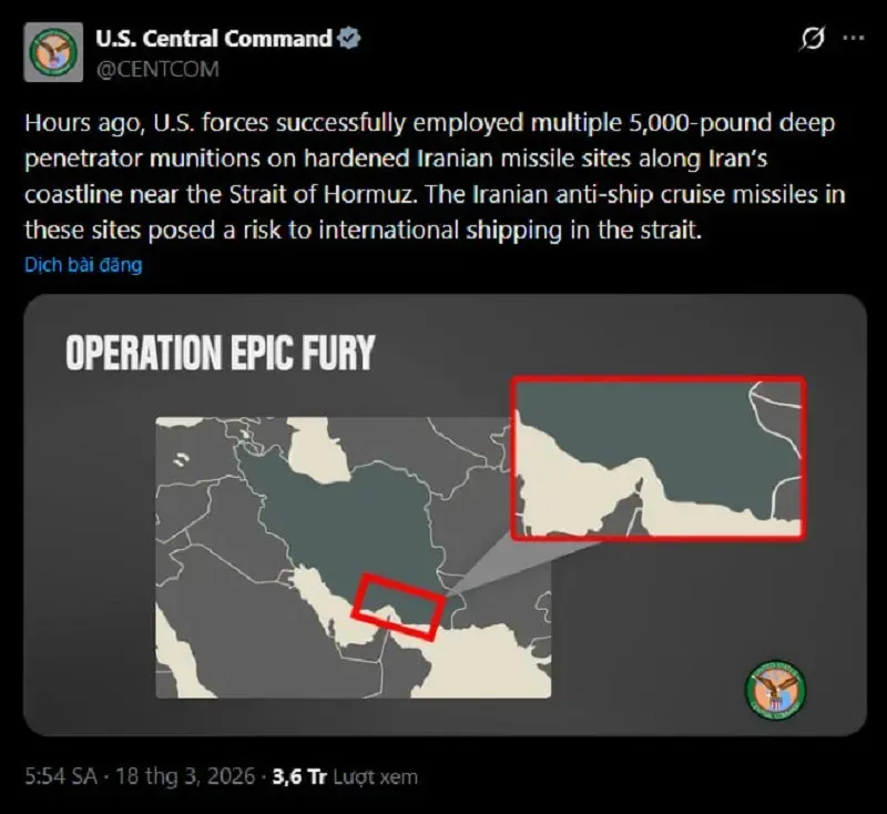 Hoa Kỳ thả bom xuy&ecirc;n ph&aacute; hạng nặng xuống gần eo biển Hormuz