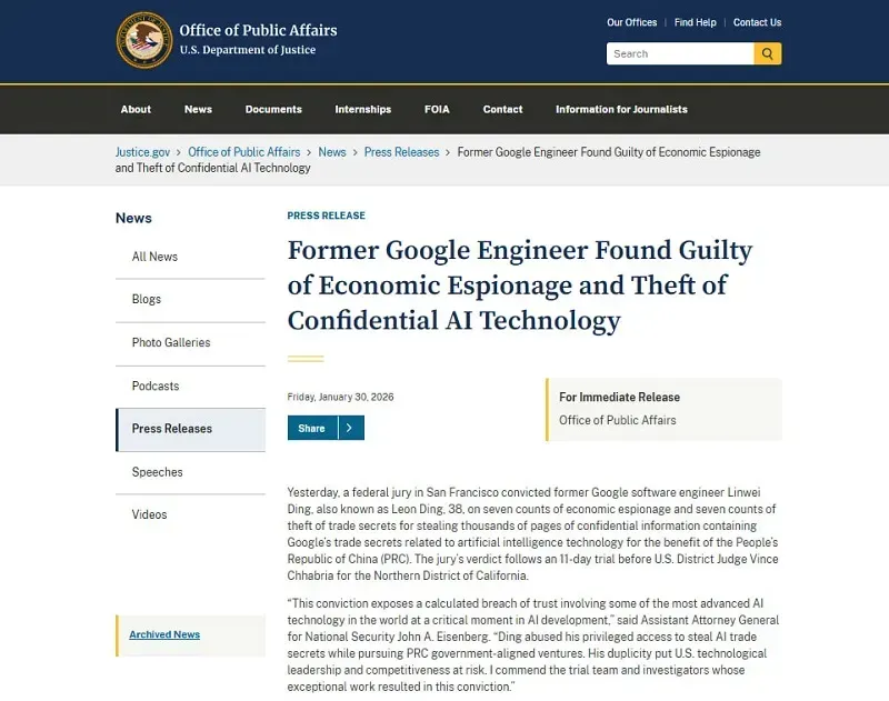 Cựu kỹ sư Google bị Hoa Kỳ kết tội l&agrave;m gi&aacute;n điệp cho Trung Quốc