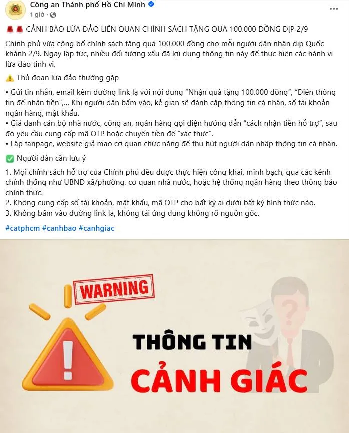 Việt Nam: Cảnh báo lừa đảo nhận 100.000 đồng Quốc khánh qua VNeID Việt Nam: Cảnh báo lừa đảo nhận 100.000 đồng Quốc khánh qua VNeID