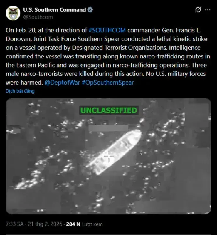 Hoa Kỳ tấn c&ocirc;ng t&agrave;u bu&ocirc;n ma t&uacute;y ở Th&aacute;i B&igrave;nh Dương, 3 người thiệt mạng