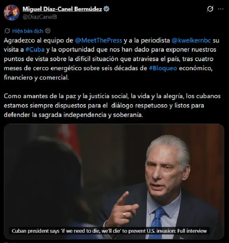 Tổng thống Cuba: Hoa Kỳ kh&ocirc;ng c&oacute; l&yacute; do ch&iacute;nh đ&aacute;ng để tấn c&ocirc;ng qu&acirc;n sự