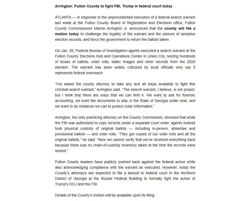 Quận Fulton kiện ch&iacute;nh quyền Trump v&igrave; thu giữ hồ sơ bầu cử năm 2020