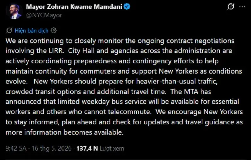 Gần 300.000 người chịu ảnh hưởng vụ c&ocirc;ng nh&acirc;n đường sắt ở New York đ&igrave;nh c&ocirc;ng