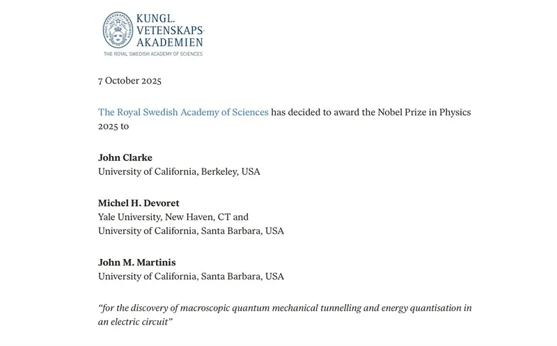 Giải Nobel Vật lý 2025 được trao cho 3 nhà khoa học Mỹ