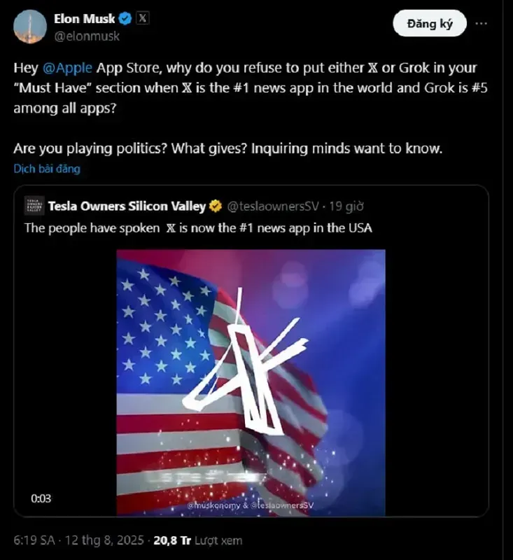 Musk cáo buộc Apple ưu ái chatbot ChatGPT của OpenAI, nói sẵn sàng kiện tụng