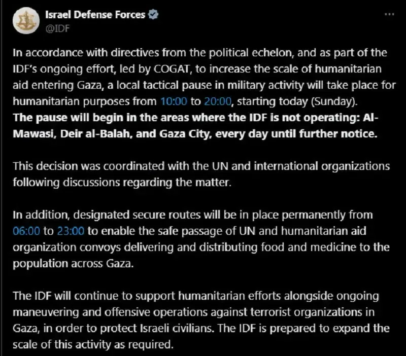 Israel tạm dừng hoạt động quân sự  ở Gaza tạo điều kiện thả hàng viện trợ