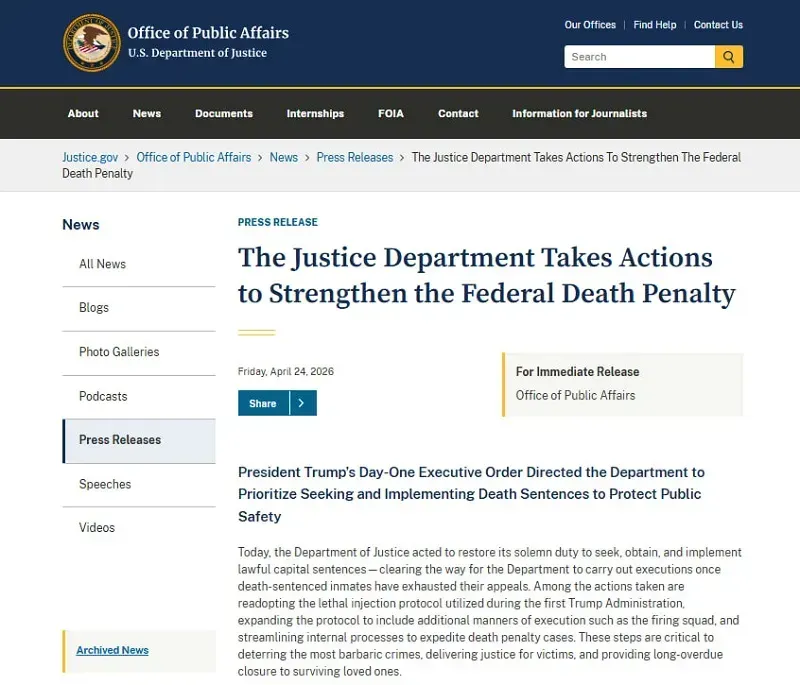 DOJ kh&ocirc;i phục xử tử bằng ti&ecirc;m thuốc v&agrave; xử bắn ở cấp li&ecirc;n bang