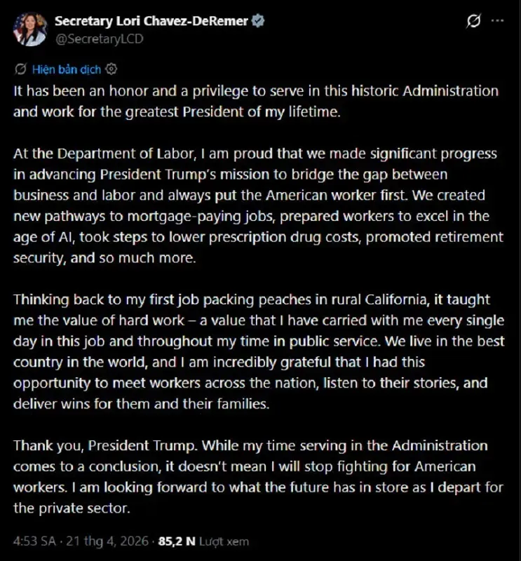 Th&ecirc;m th&agrave;nh vi&ecirc;n Nội c&aacute;c Hoa Kỳ từ chức giữa v&ograve;ng v&acirc;y c&aacute;o buộc