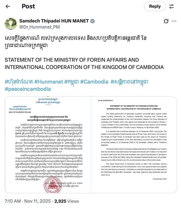 Thái Lan đình chỉ thoả thuận hoà bình với Campuchia