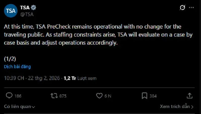 PreCheck vẫn hoạt động tại c&aacute;c s&acirc;n bay d&ugrave; DHS th&ocirc;ng b&aacute;o tạm dừng