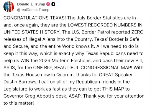 Trump chúc mừng Texas, kêu gọi Đảng Cộng hòa hành động cho bầu cử 2026