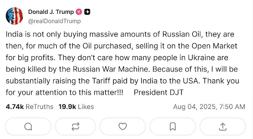 Trump đe dọa áp thêm thuế với Ấn Độ vì mua dầu Nga
