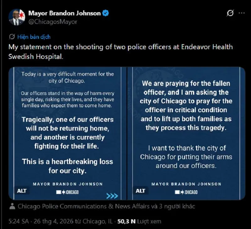 Illinois: Xả s&uacute;ng tại bệnh viện Chicago, hai cảnh s&aacute;t thương vong