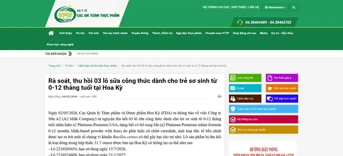 Hoa Kỳ thu hồi l&ocirc; sữa trẻ em nhiễm độc tố &ldquo;kh&aacute;ng nhiệt&rdquo; nguy hiểm 