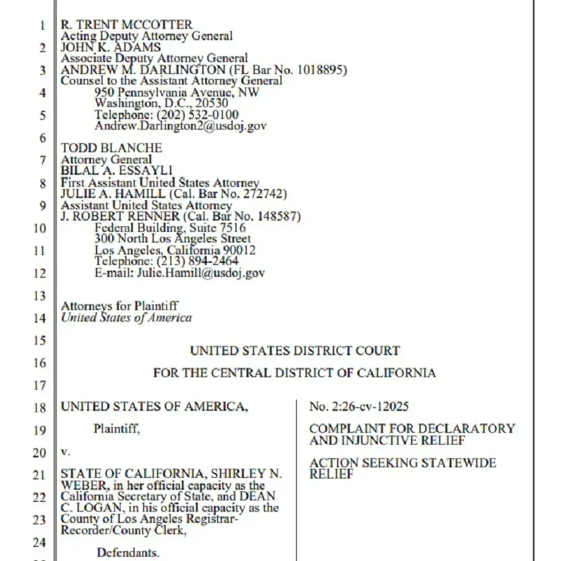 DOJ kiện California v&igrave; kh&ocirc;ng chấp h&agrave;nh việc x&aacute;c minh quốc tịch cử tri bỏ phiếu qua thư