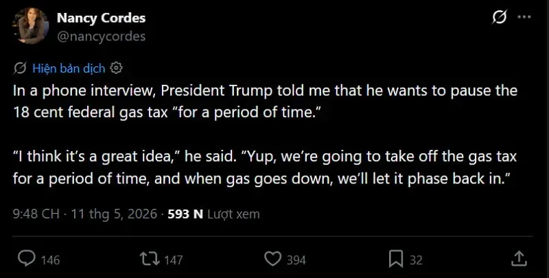 &Ocirc;ng Trump muốn tạm ngưng thu thuế xăng li&ecirc;n bang để hạ gi&aacute; nhi&ecirc;n liệu