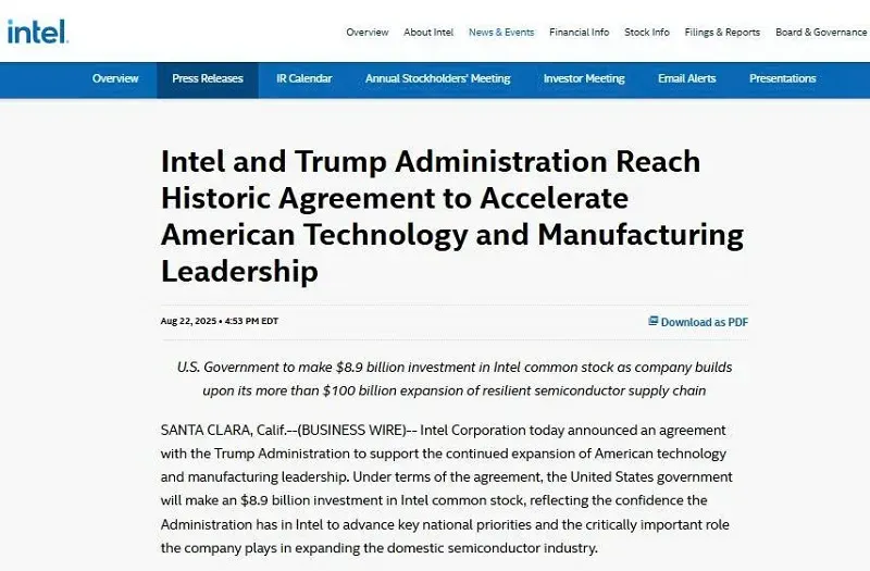 Chính phủ Hoa Kỳ sẽ chính thức sở hữu gần 10% cổ phần Intel