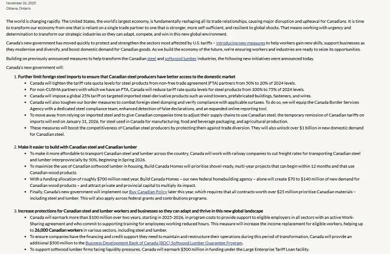 Canada hỗ trợ ngành thép và gỗ trước tác động thuế quan Hoa Kỳ