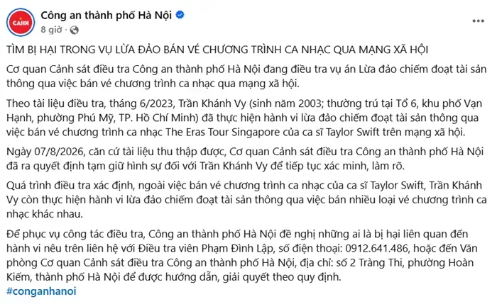 C&ocirc;ng an H&agrave; Nội t&igrave;m bị hại trong vụ lừa đảo b&aacute;n v&eacute; Taylor Swift