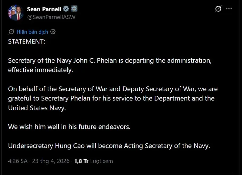 Bộ trưởng Hải qu&acirc;n Hoa Kỳ bất ngờ từ chức