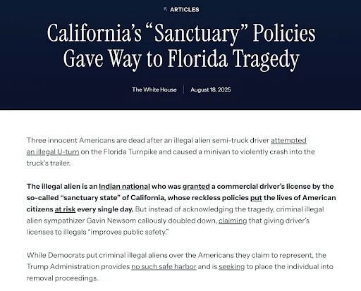 Chính quyền Trump cáo buộc chính sách “nơi trú ẩn” của California sau vụ tai nạn Florida