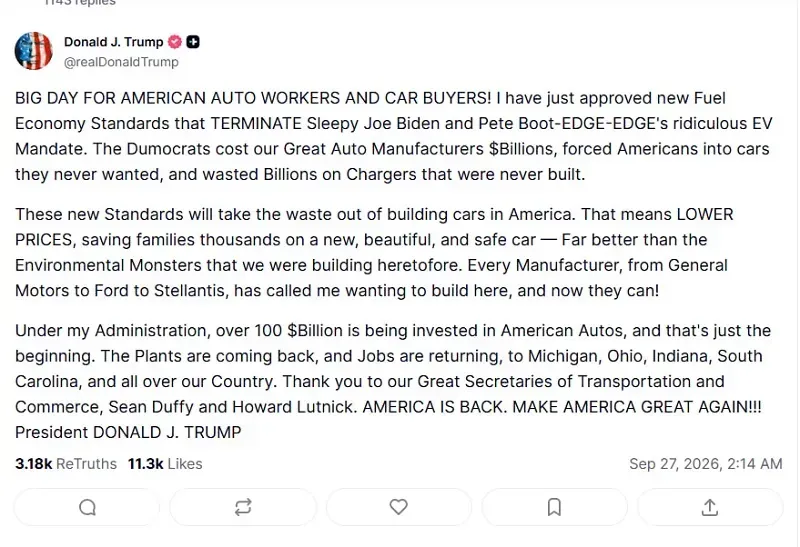 &Ocirc;ng Trump c&ocirc;ng bố ti&ecirc;u chuẩn tiết kiệm nhi&ecirc;n liệu mới