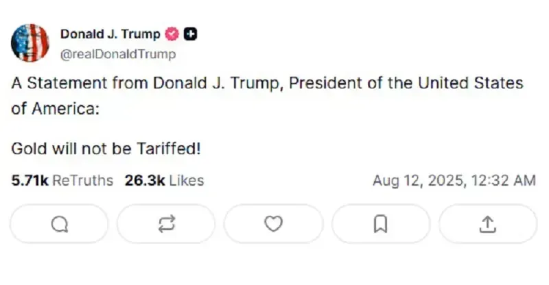 Trump khẳng định vàng không bị đánh thuế, giá mặt hàng giảm mạnh sau tuyên bố