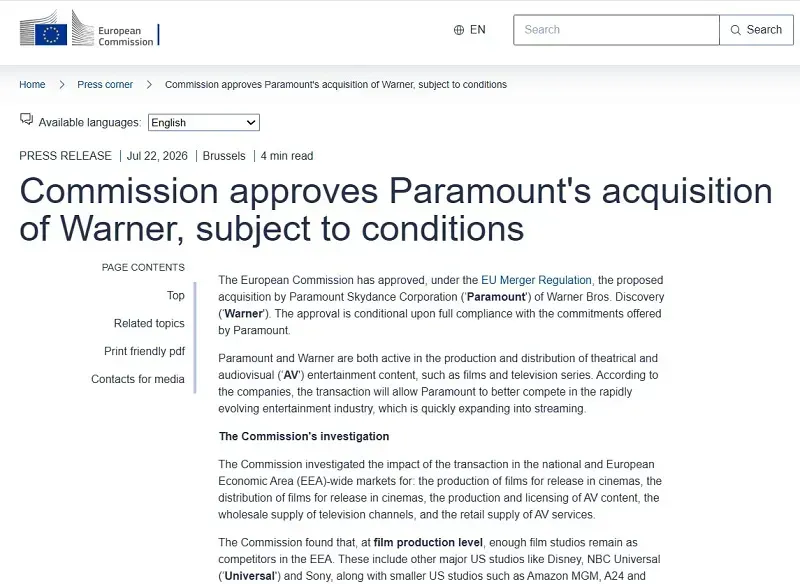 EU ph&ecirc; duyệt thương vụ s&aacute;p nhập Paramount - WBD
